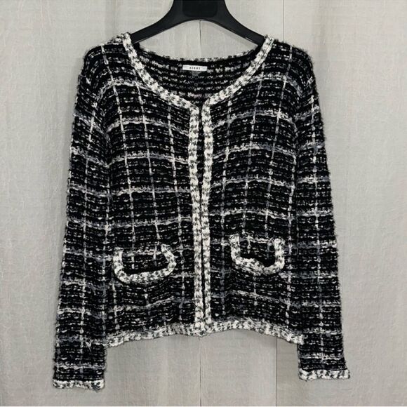 SIONI XL BLACK WHITE BLUE GREEN PLAID TWEED BOUCLE OPEN FRONT CARDIGAN